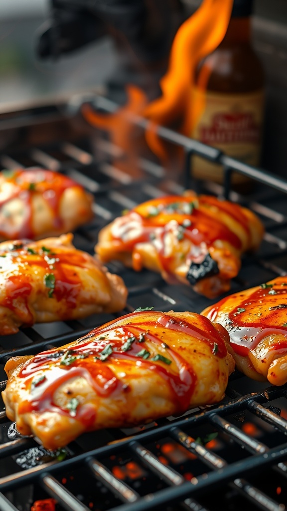Grilled chicken thighs with BBQ sauce and honey glaze