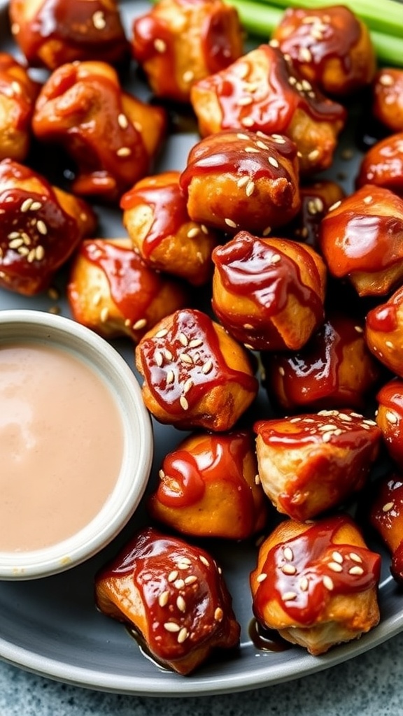Plate of Honey Garlic Chicken Bites with dipping sauce