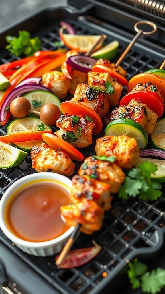Honey garlic chicken skewers with colorful vegetables and dipping sauce