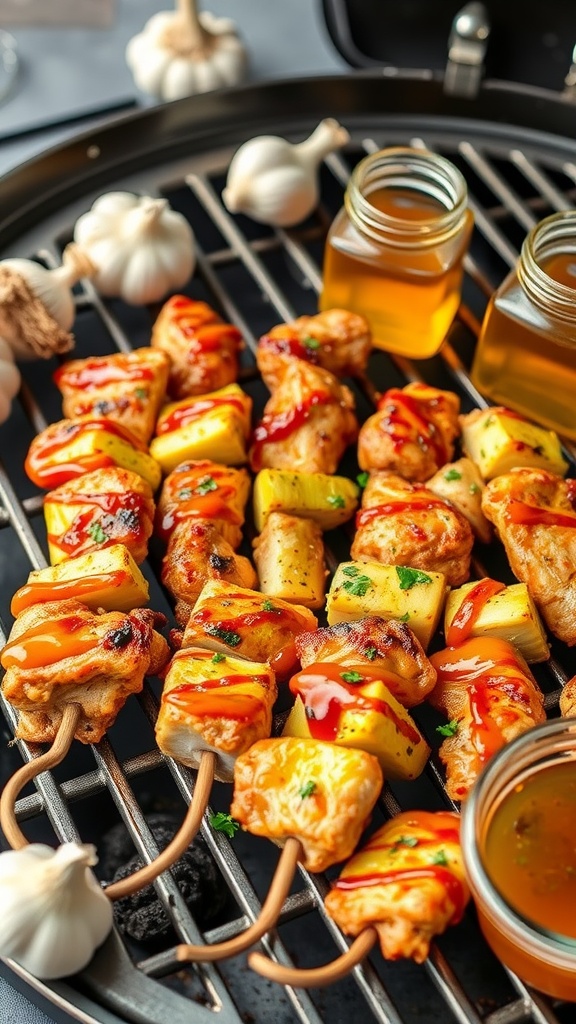 Delicious honey garlic chicken skewers on a grill