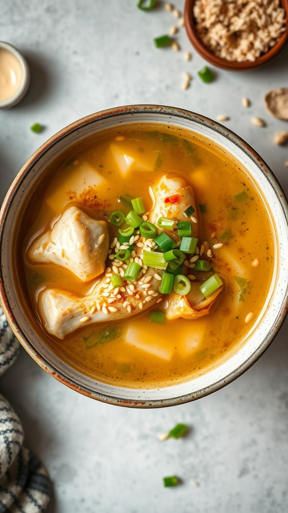 Honey Garlic Chicken Soup with green onions and vegetables