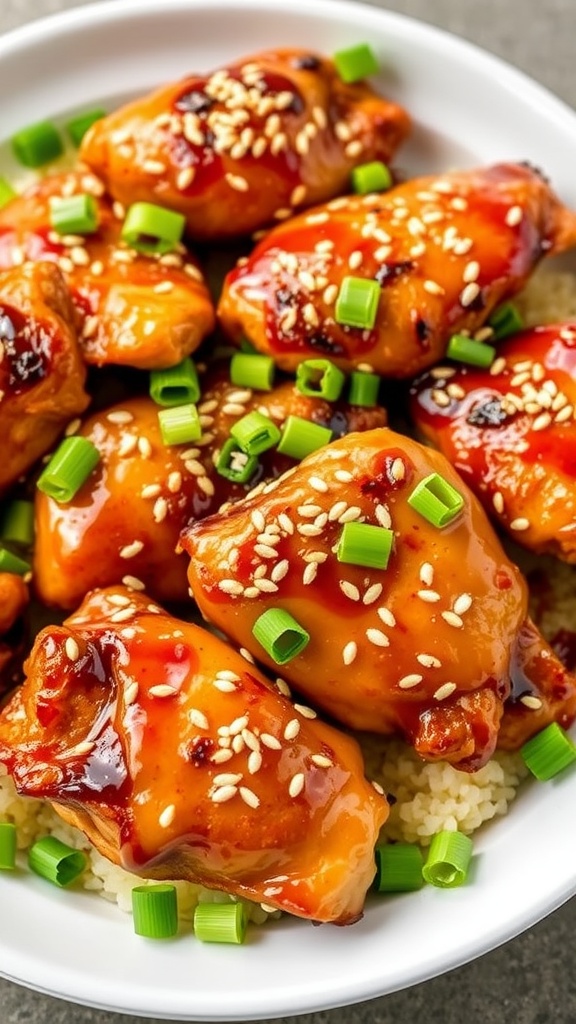A plate of honey garlic chicken thighs garnished with green onions and sesame seeds.
