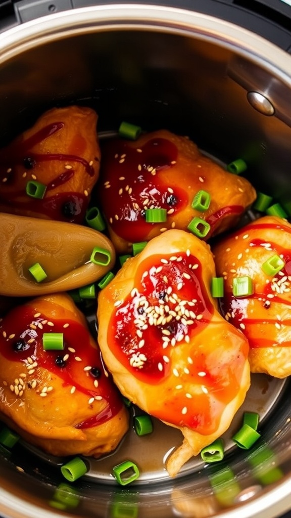 Delicious honey garlic chicken thighs cooked in an Instant Pot with green onions and sesame seeds.