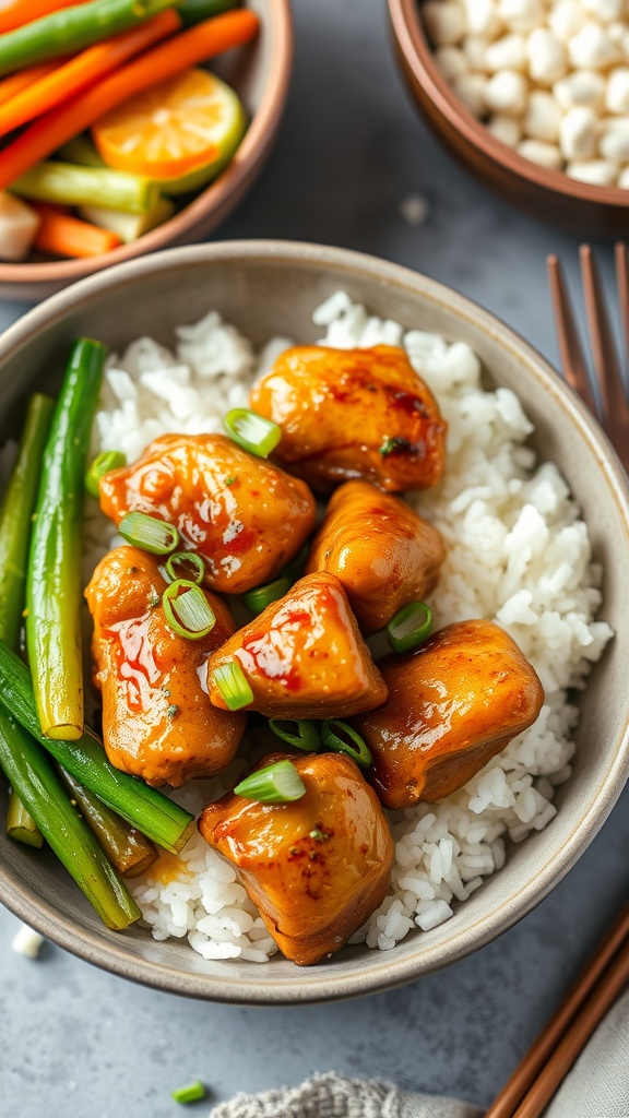 A bowl of honey garlic chicken thighs served over rice with vegetables.