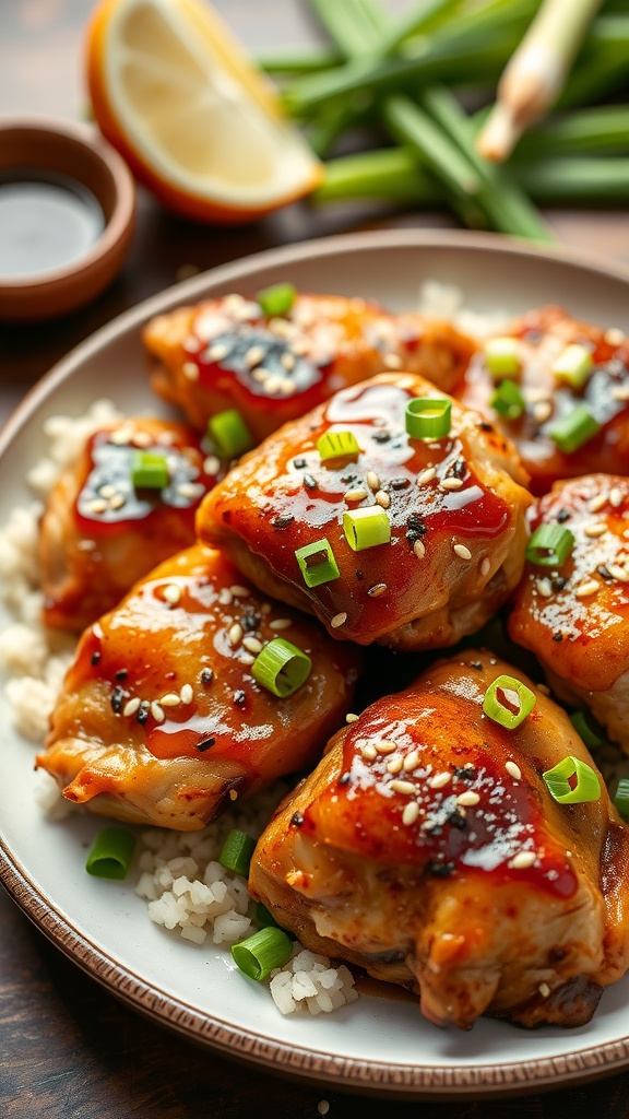 Delicious honey garlic chicken thighs garnished with green onions and sesame seeds