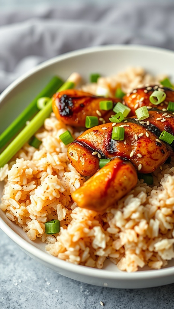 A delicious plate of honey garlic chicken served with brown rice and garnished with green onions.