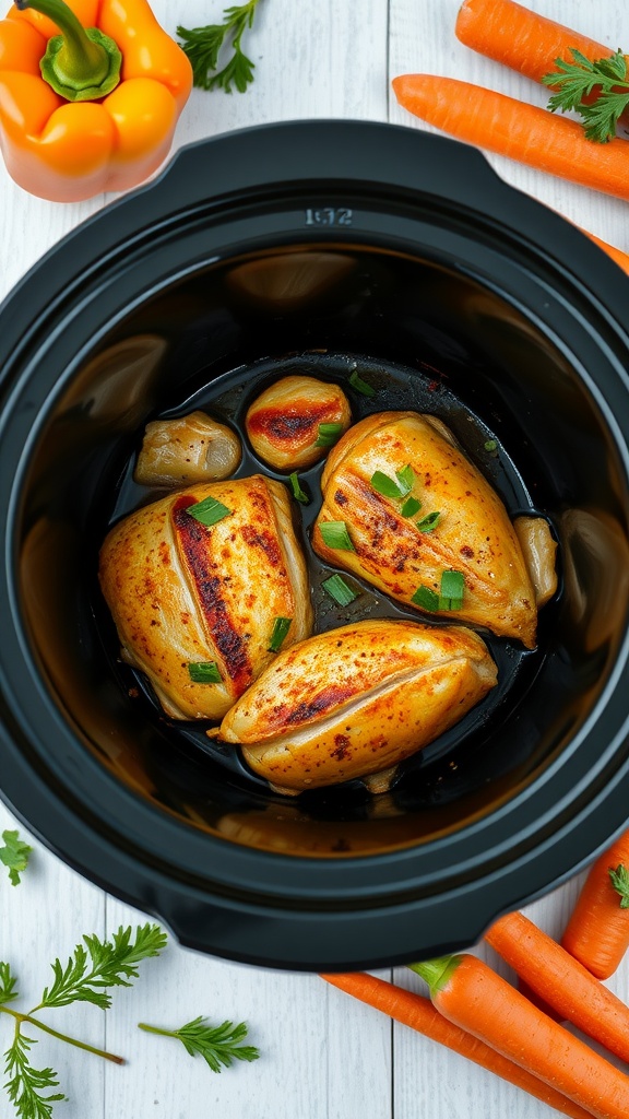 A delicious plate of honey garlic chicken with colorful vegetables in a slow cooker.