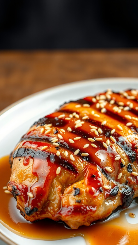 Grilled chicken glazed with honey and garlic, garnished with sesame seeds