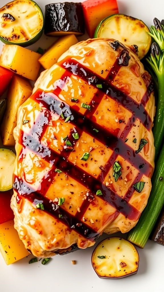 Grilled chicken breast with honey garlic glaze, served with vegetables.