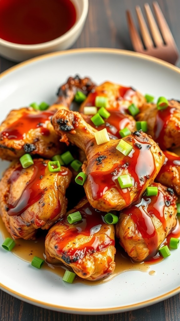 A plate of honey garlic grilled chicken garnished with green onions, ready to be enjoyed.