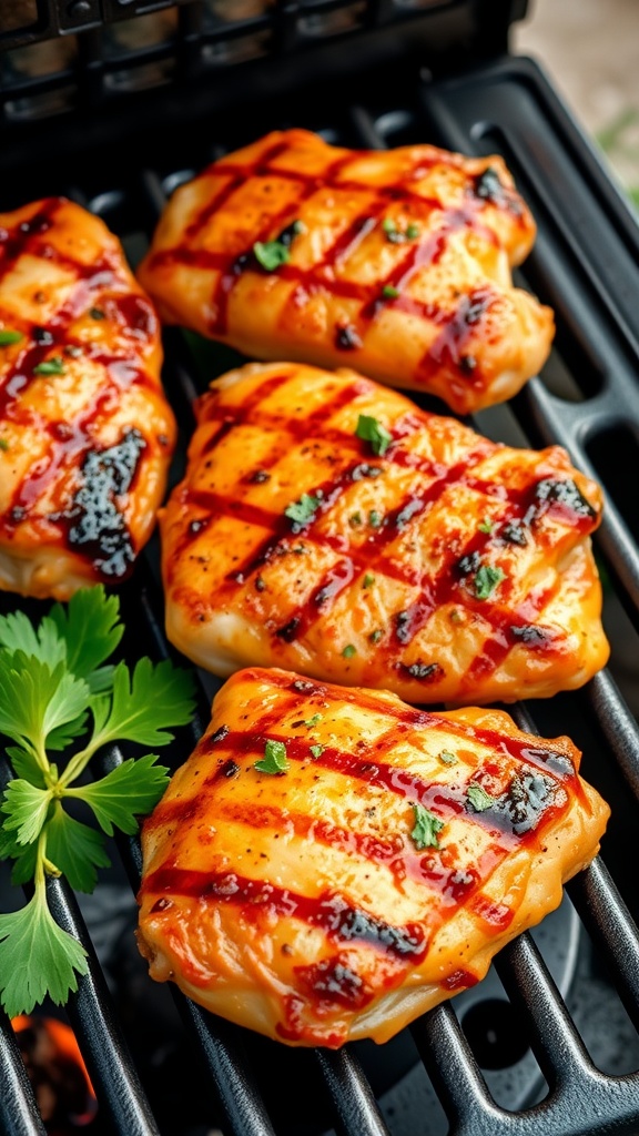 Deliciously grilled honey garlic chicken thighs on a grill.