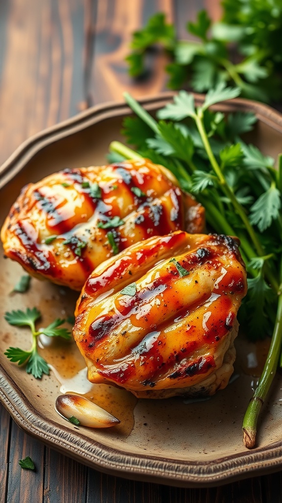 Grilled chicken thighs with a honey garlic glaze, garnished with parsley.