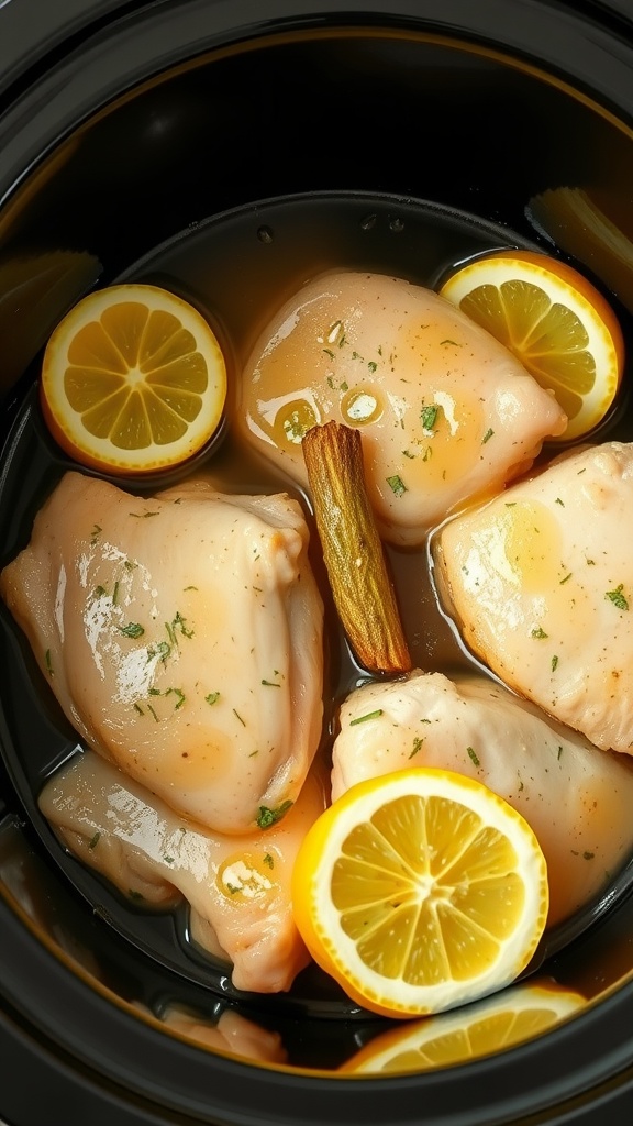 A juicy honey lemon chicken thigh dish cooked in a crockpot.