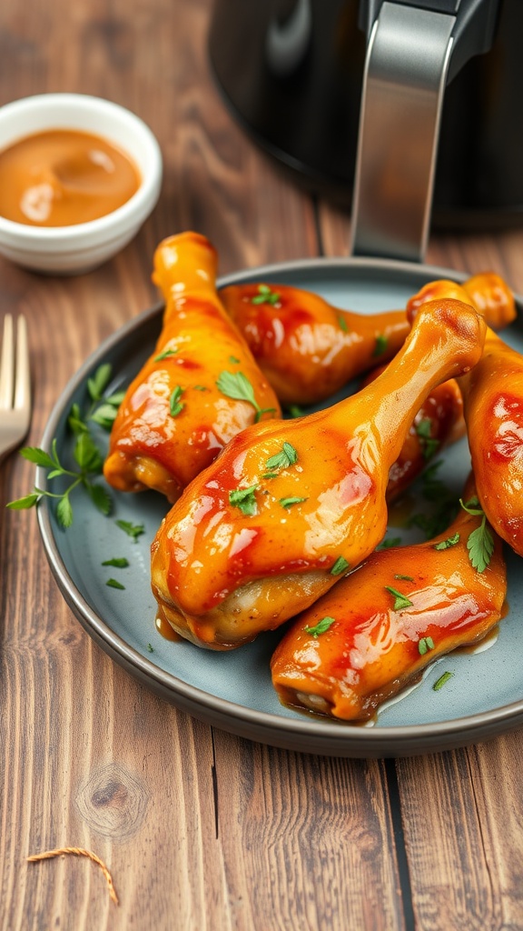 A plate of honey mustard air fryer drumsticks garnished with herbs