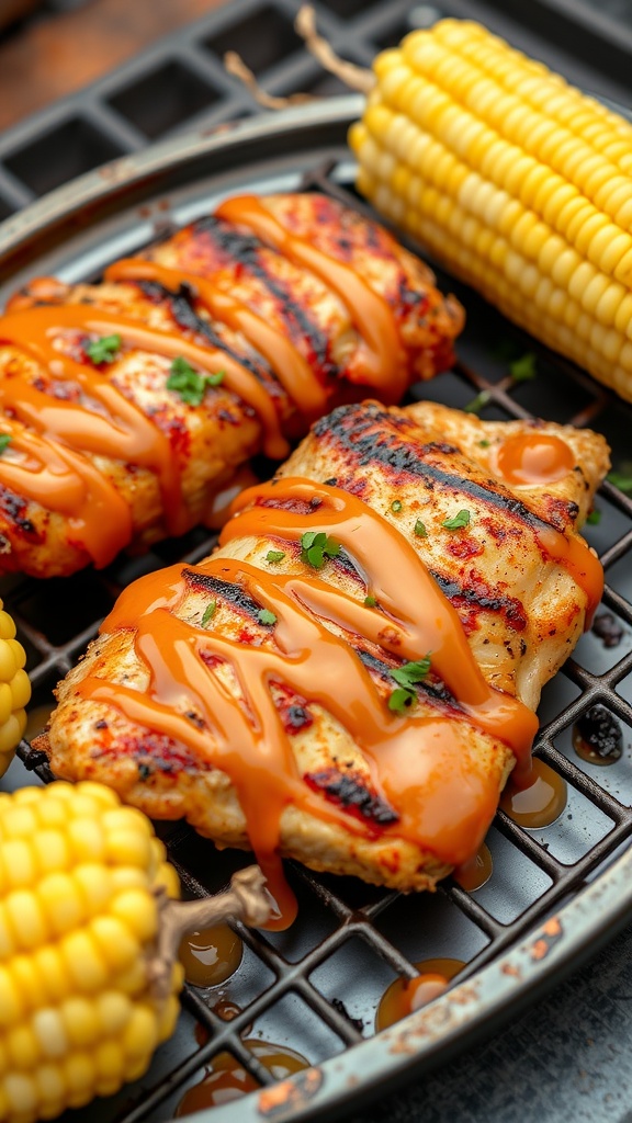 Honey mustard BBQ chicken with grilled corn on a tray