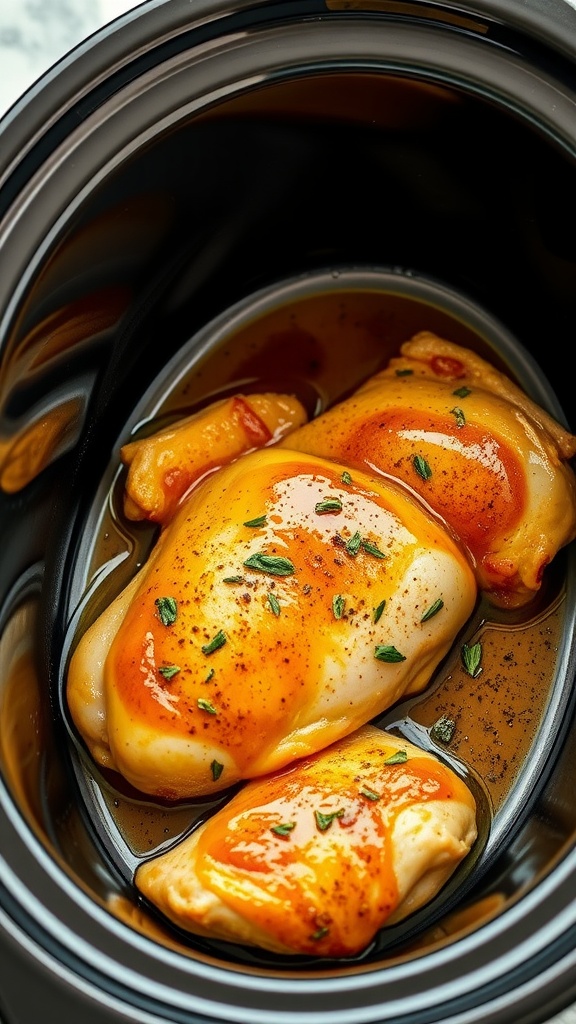 A plate of honey mustard chicken cooked in a slow cooker, garnished with herbs.