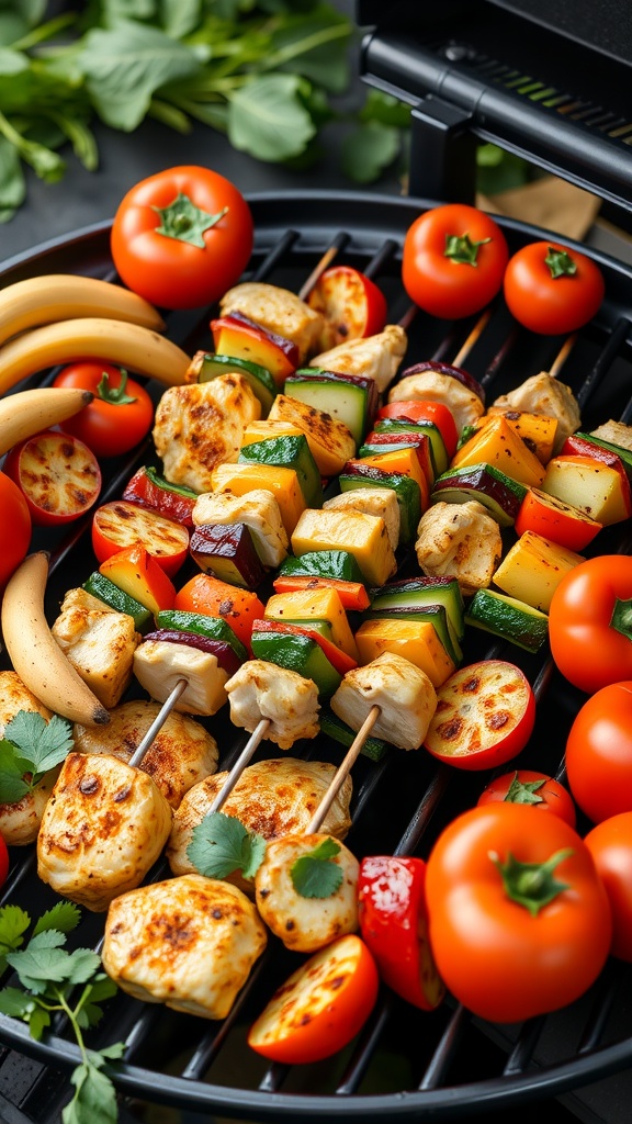 Grilled honey mustard chicken and veggie skewers with colorful vegetables