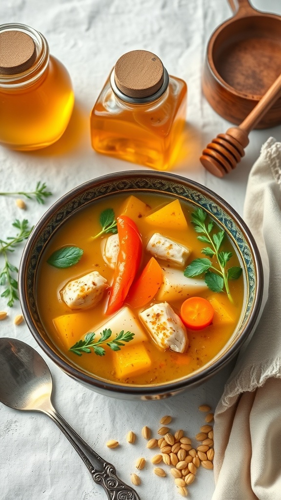 A bowl of honey mustard chicken and veggie soup with colorful vegetables and a spoon beside it.
