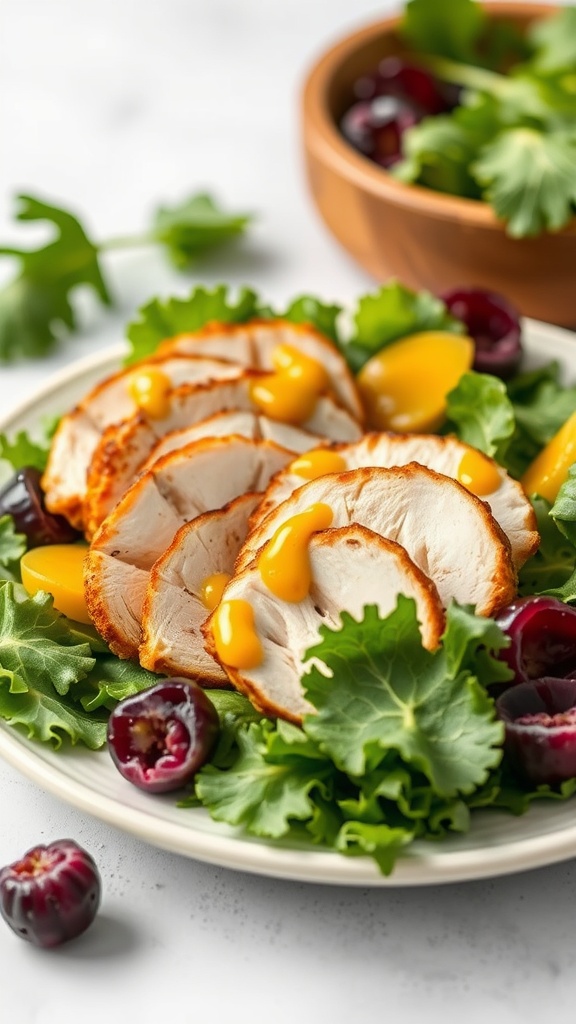 A plate of honey mustard chicken salad with sliced grilled chicken, greens, and cherry tomatoes.