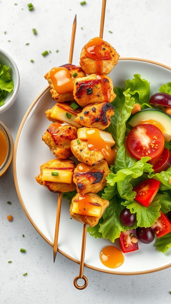 Honey mustard chicken skewers served on a plate with a side salad.