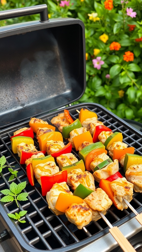 Grilled honey mustard chicken skewers on a barbecue grill