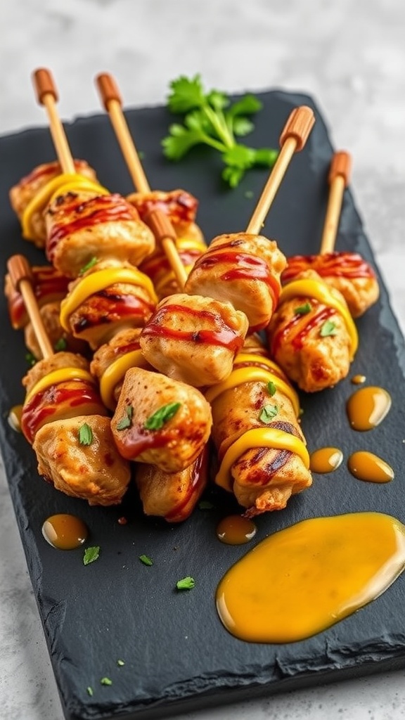 Delicious honey mustard chicken skewers on a serving platter.