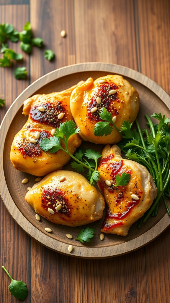 Honey Mustard Chicken Thighs served on a plate with herbs.