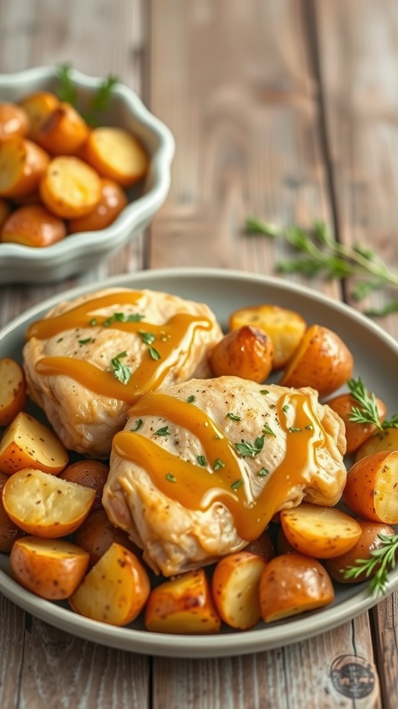 Honey mustard chicken thighs served with roasted baby potatoes.