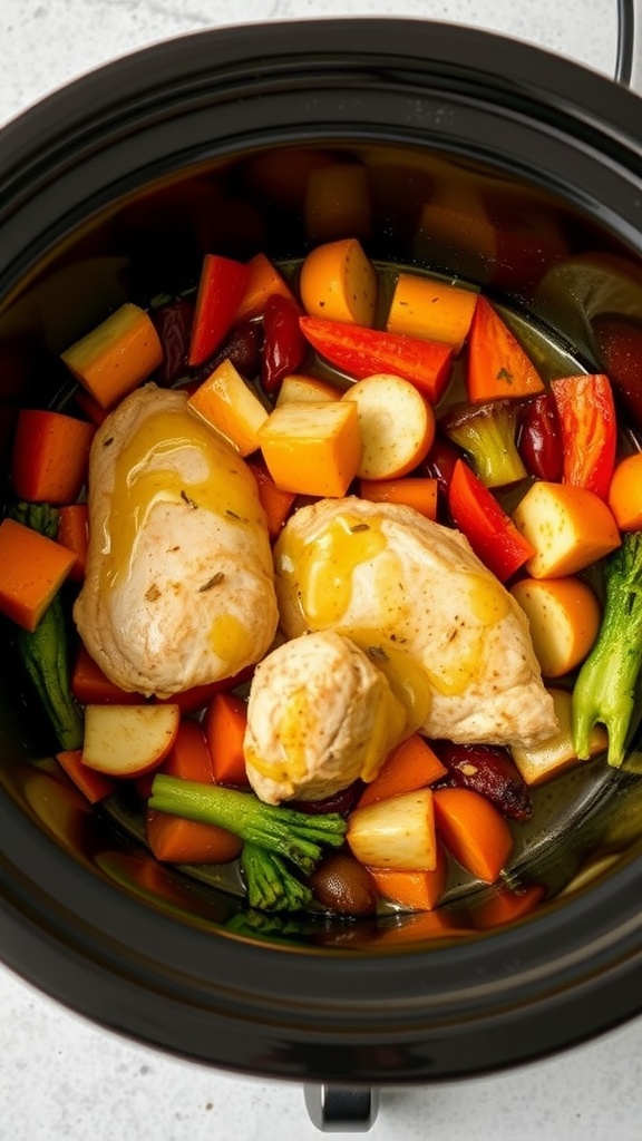 Honey mustard chicken and vegetables ready to be cooked in a crockpot.