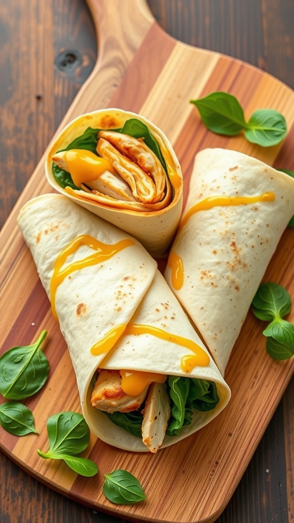 Two honey mustard chicken wraps filled with chicken, cheese, and spinach on a wooden board.