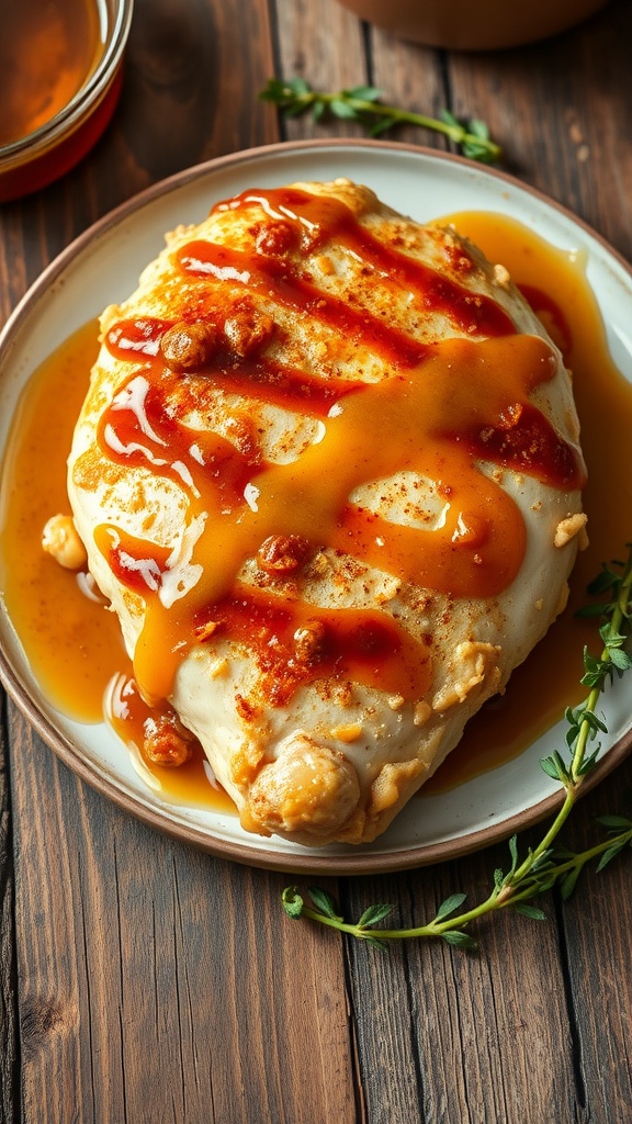 Honey mustard glazed chicken with a sweet and tangy sauce.