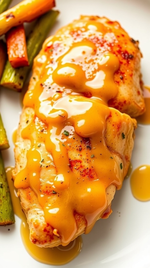 Honey mustard glazed chicken served with vegetables