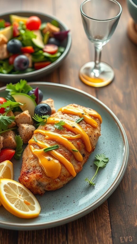 Delicious honey mustard glazed chicken breast with a side salad
