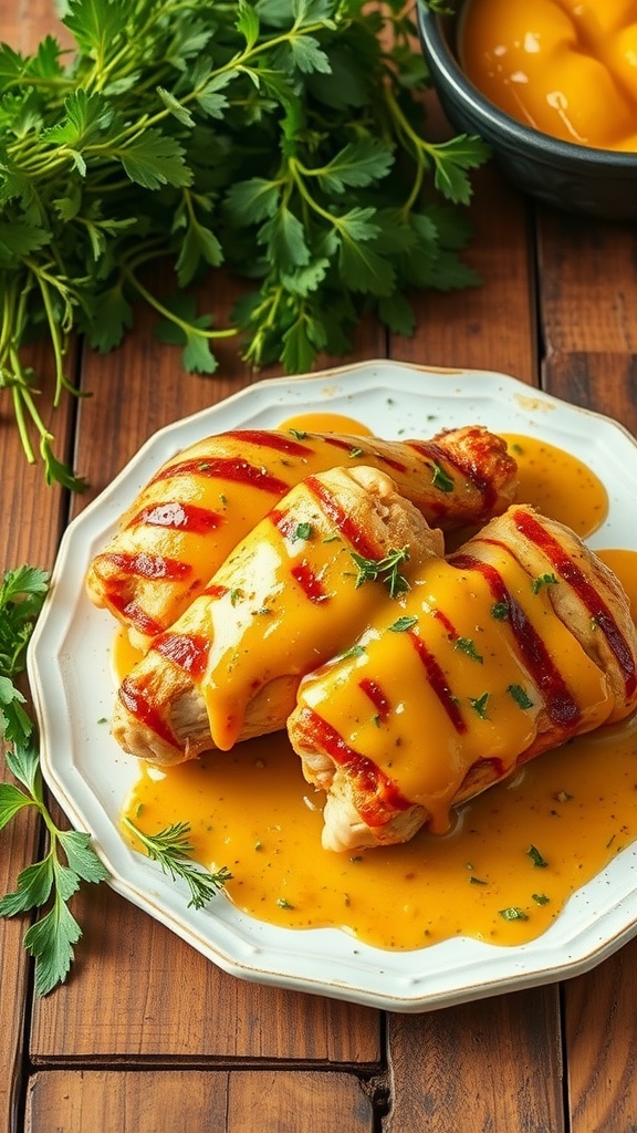 Honey mustard glazed chicken thighs on a plate, garnished with parsley.