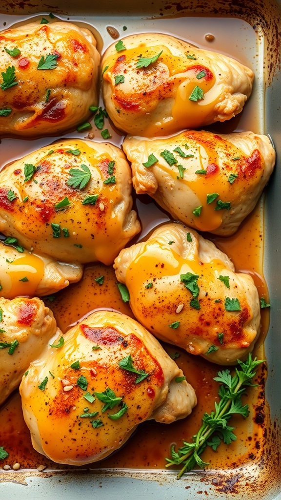 Honey mustard glazed chicken thighs garnished with parsley