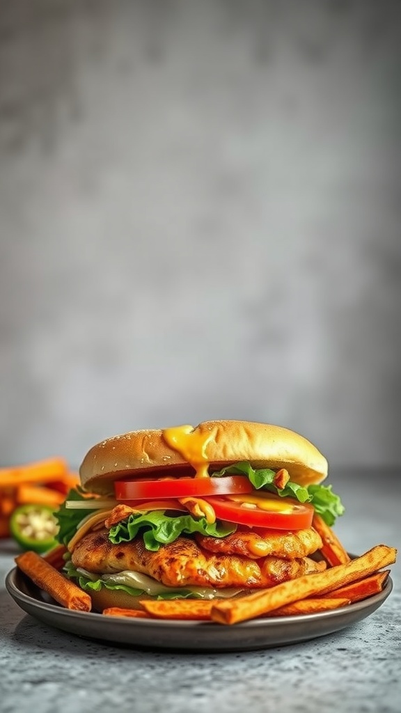 Honey mustard grilled chicken sandwich with lettuce, tomatoes, and sweet potato fries on the side.