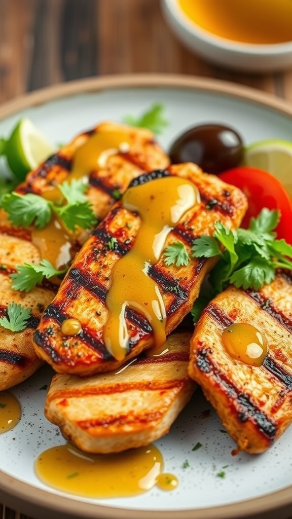 Grilled chicken strips drizzled with honey mustard sauce and garnished with fresh herbs.