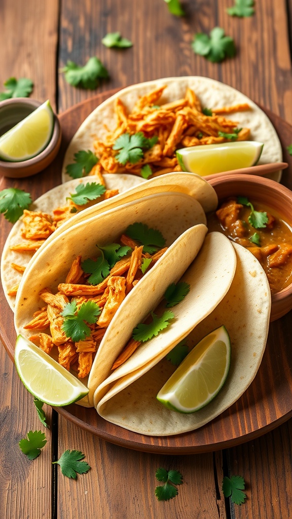 Honey mustard pulled chicken tacos with lime and cilantro
