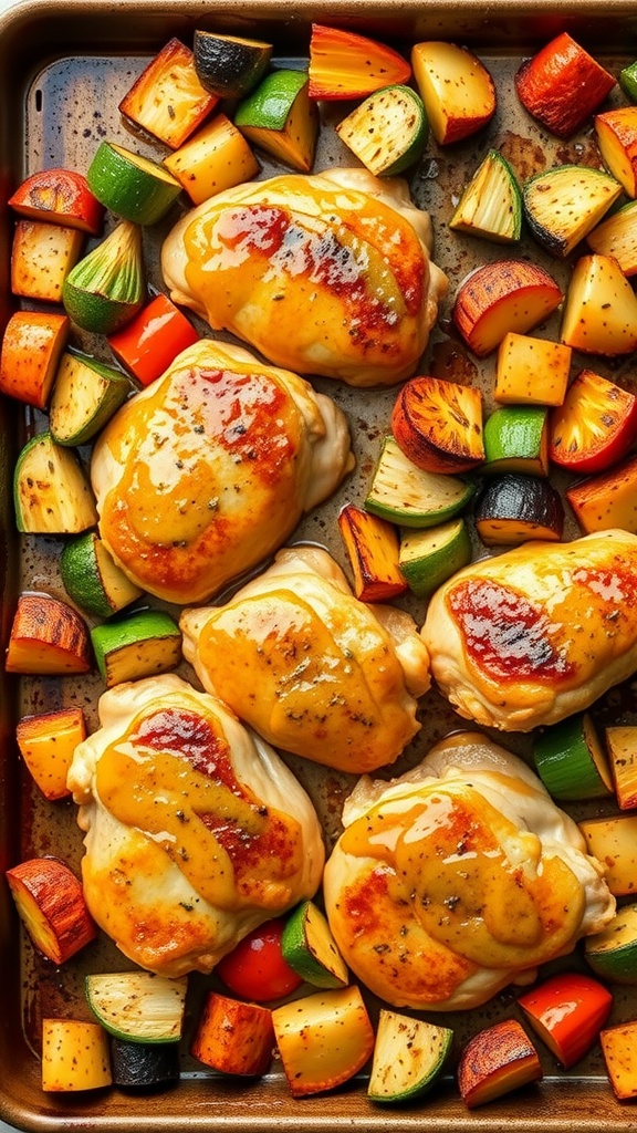 A sheet pan meal featuring honey mustard chicken and colorful roasted vegetables.