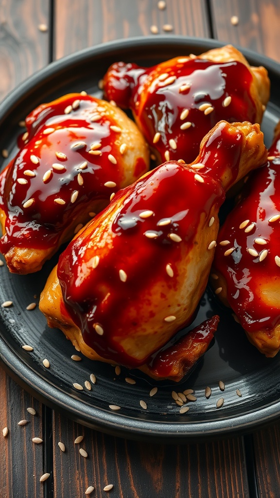 A plate of honey soy glazed chicken thighs drizzled with sauce and sprinkled with sesame seeds.