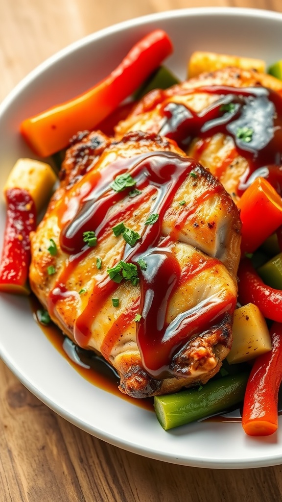 Delicious honey soy glazed chicken thighs served with colorful vegetables.