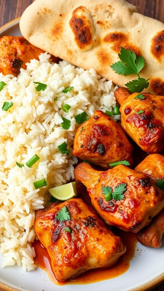 A plate of Indian spiced chicken thighs served with rice and naan.