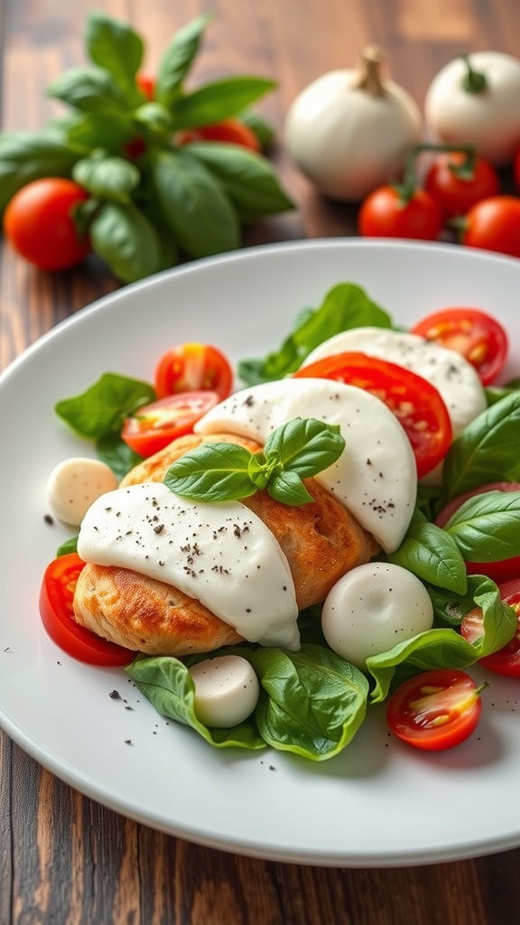 A vibrant Italian Caprese Chicken Salad featuring chicken, cherry tomatoes, mozzarella, and fresh basil.