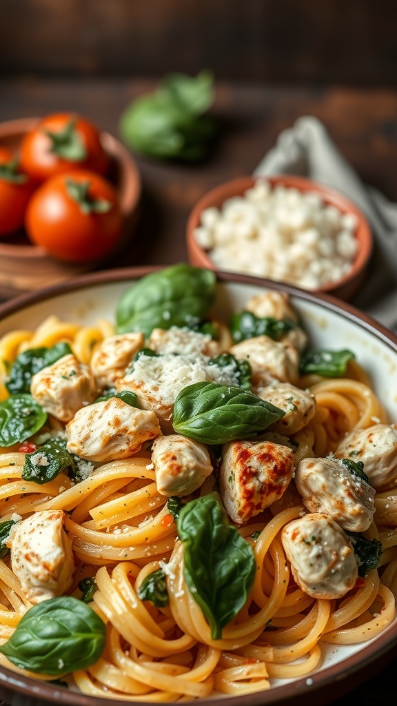 A plate of Italian chicken and spinach pasta garnished with basil and Parmesan cheese.