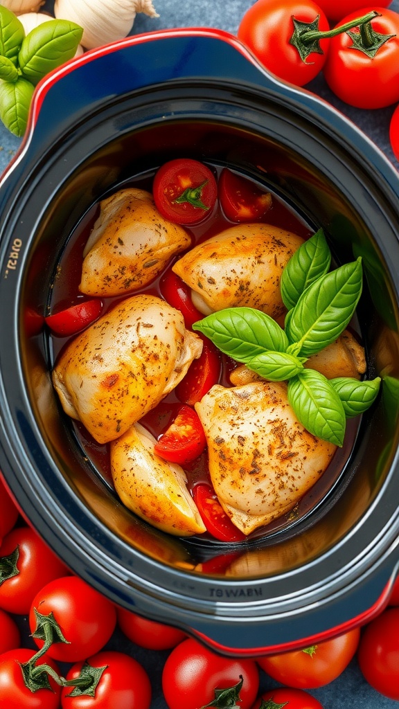 A crock pot filled with Italian chicken, tomatoes, and basil.