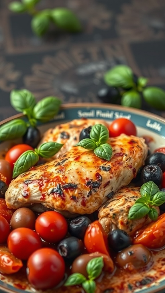 A plate of Italian chicken with tomatoes and olives garnished with fresh basil leaves.