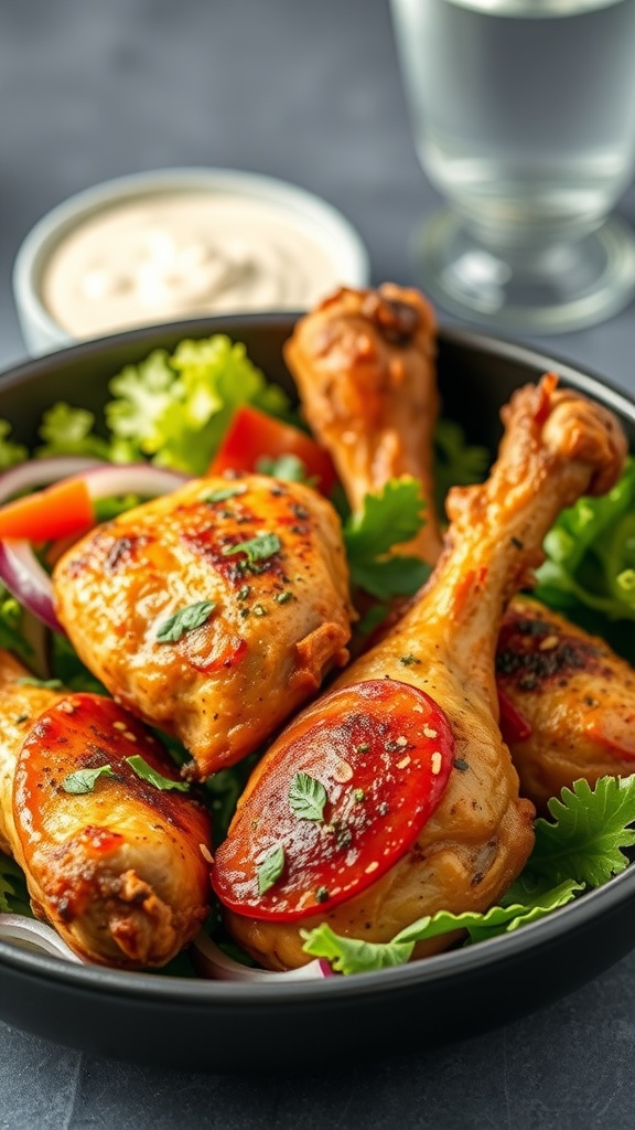 Italian Herb Air Fryer Chicken Drumsticks on a bed of salad
