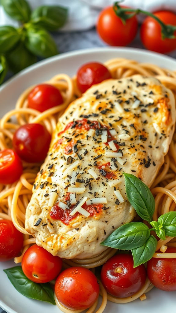 A plate of Italian Herb Chicken and Pasta served with fresh tomatoes and basil.