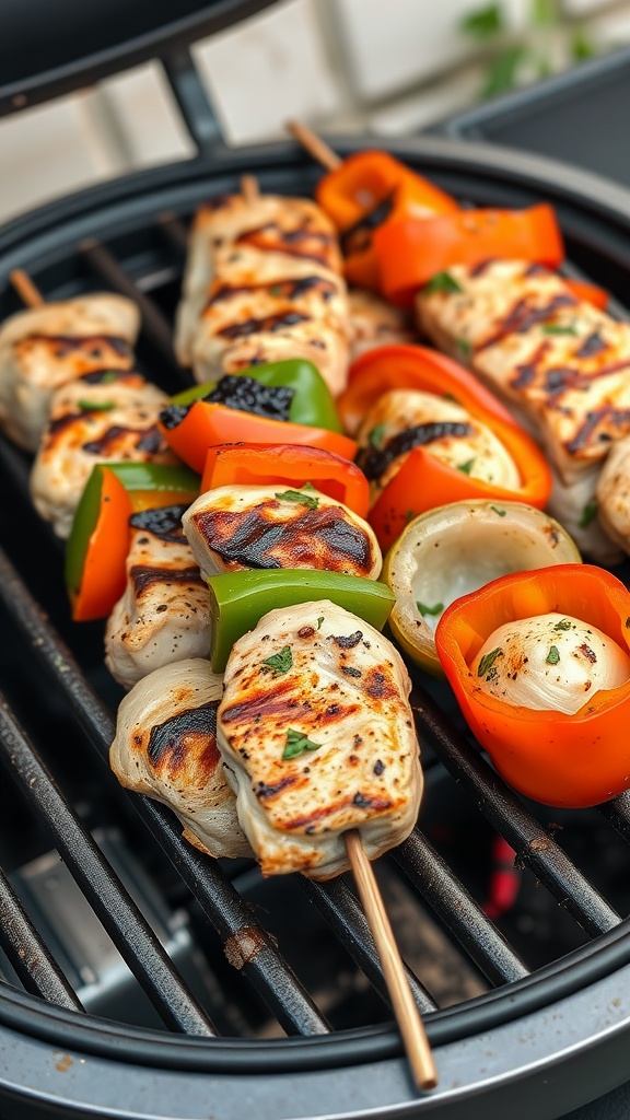 Delicious Italian herb chicken skewers grilling with colorful bell peppers and onions.