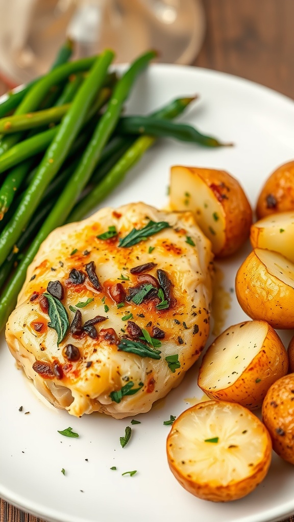 Plate of Italian Herb Chicken Thighs with green beans and roasted potatoes.